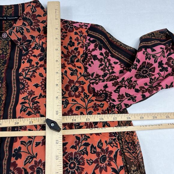 Elie Tahari Paisley Floral Blouse Small Button Front Bohemian Pleated Back Top - Picture 7 of 10